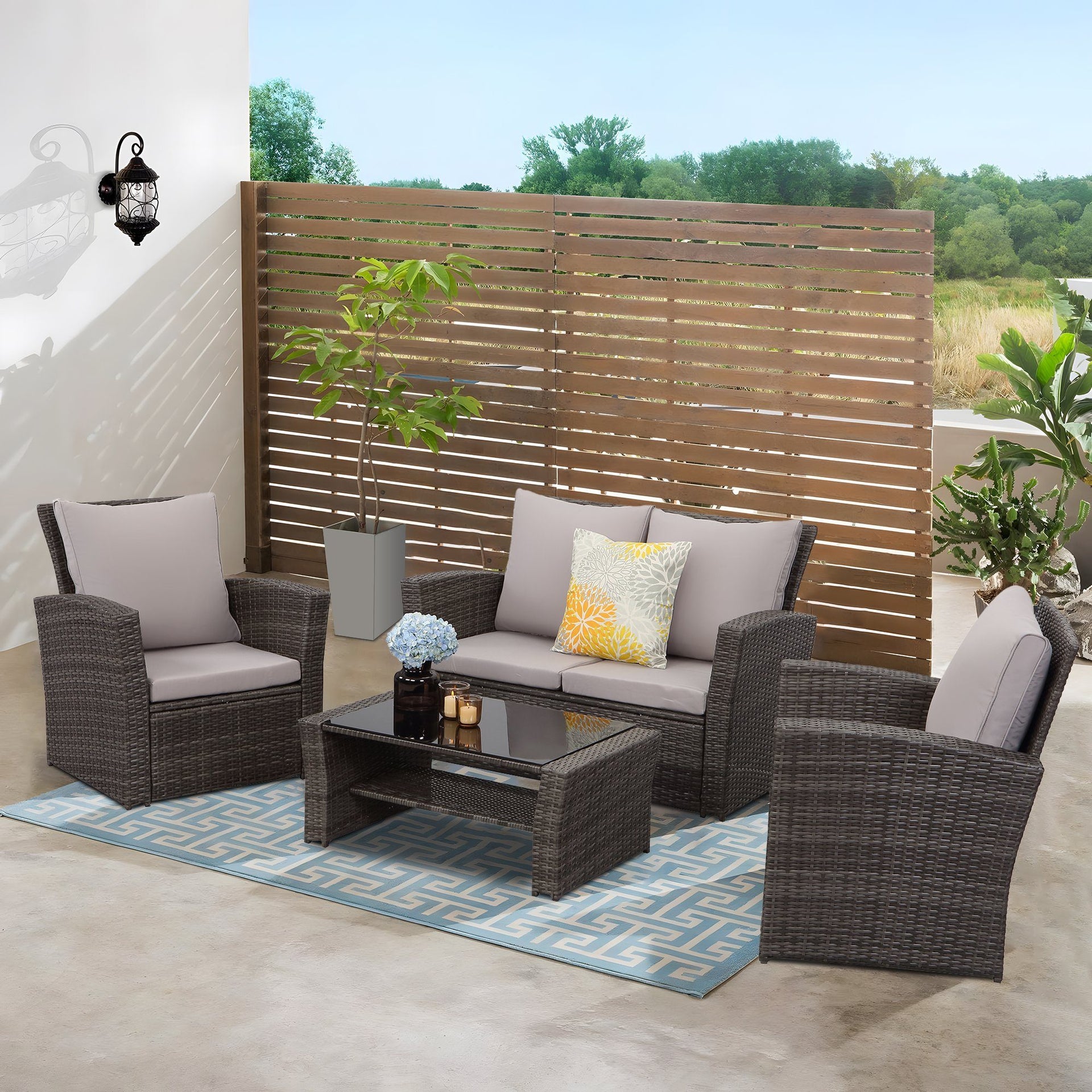 Gartenlounge Set aus Polyrattan mit Polster für Balkon Grau & Lounge-Set | MeXo-Home Wetterfest 4 Garten, für Terrasse den – Personen